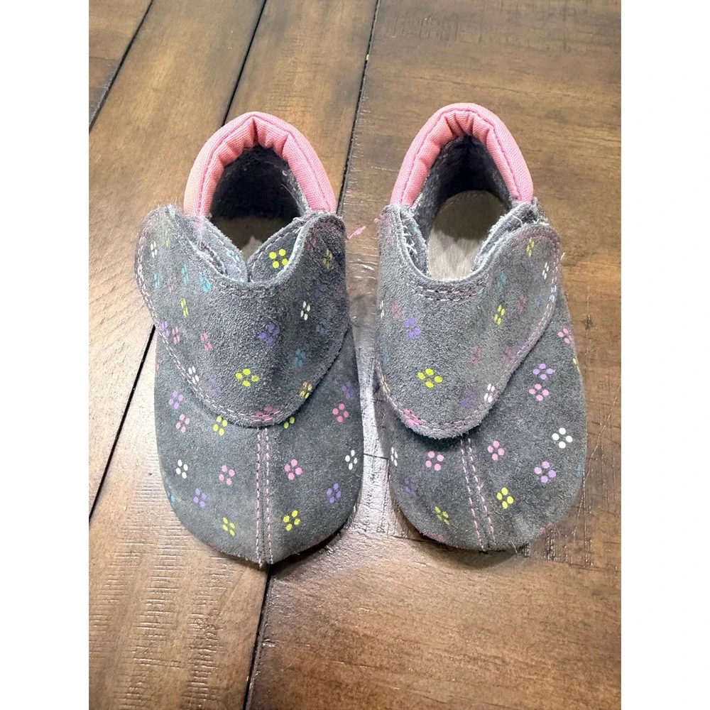 See Kai Run Baby Girls Grey Suede Floral Dot Slippers Shoes 12-18 Months